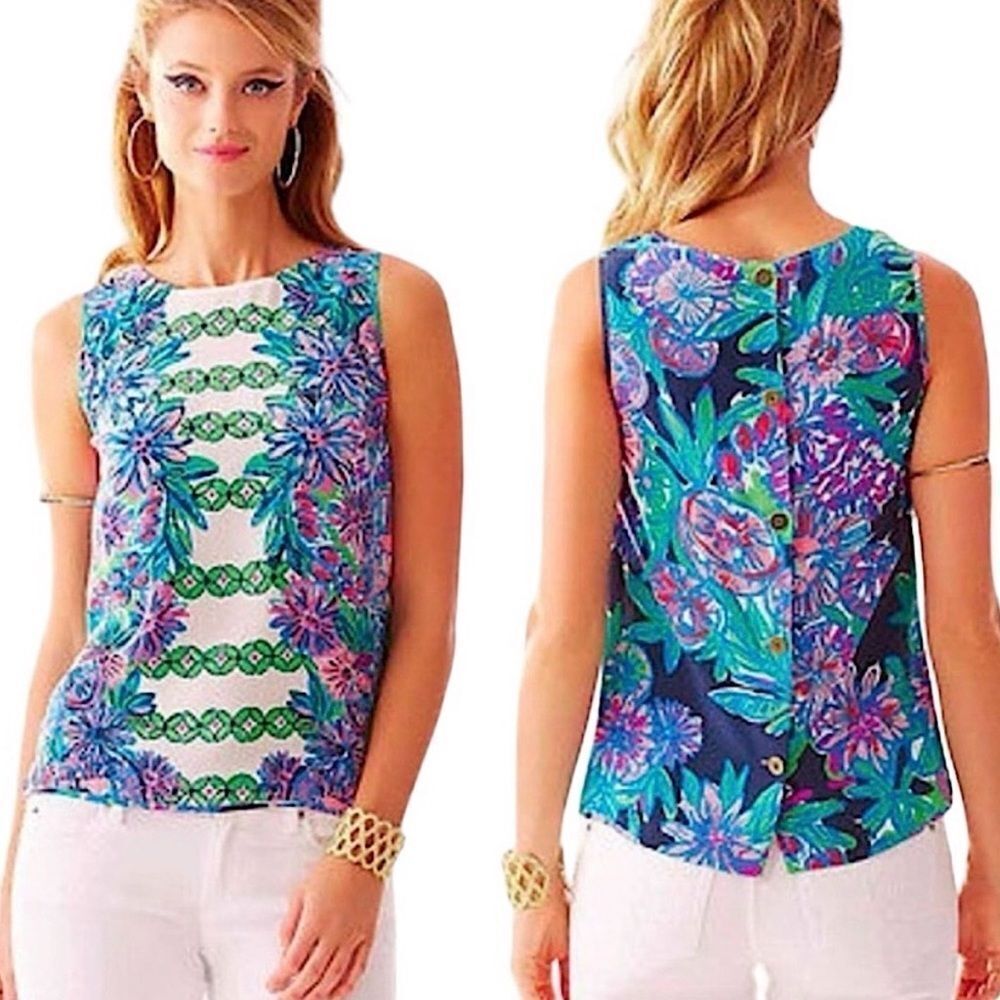 LILLY PULITZER | Iona Blue/Green Shell Sleeveless Resort Tank Top Women’s Size M
